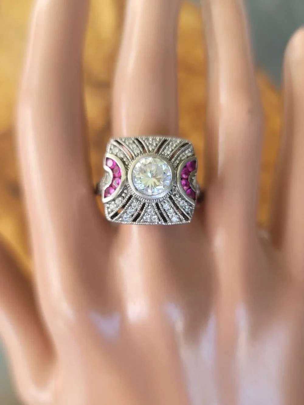 Synthetic Diamond, Ruby & Sterling Art Deco Style Ring by Joseph Esposito - Picture 2 of 6